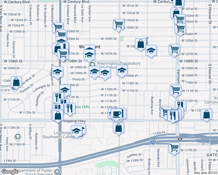 map of restaurants, bars, coffee shops, grocery stores, and more near 1445 West 110th Street in Los Angeles