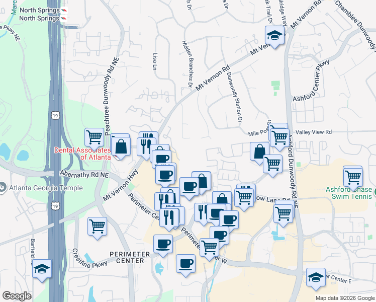 map of restaurants, bars, coffee shops, grocery stores, and more near 1265 Mount Vernon Highway in Atlanta
