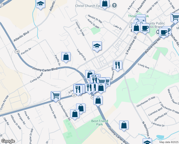 map of restaurants, bars, coffee shops, grocery stores, and more near 815 South Peachtree Street in Norcross