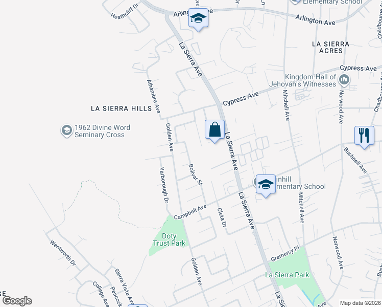 map of restaurants, bars, coffee shops, grocery stores, and more near 5805 Bolivar Street in Riverside