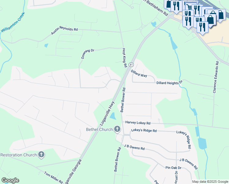 map of restaurants, bars, coffee shops, grocery stores, and more near 1089 Loganville Highway in Bethlehem