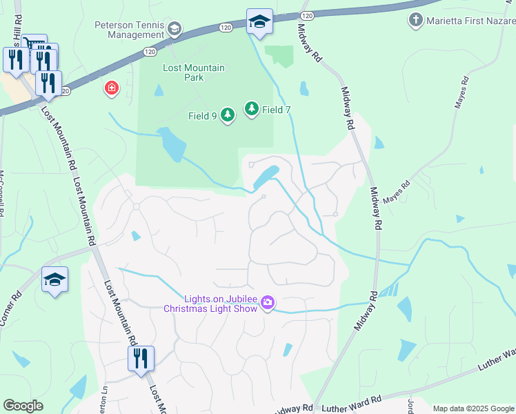 map of restaurants, bars, coffee shops, grocery stores, and more near 765 White Blossom Court in Powder Springs
