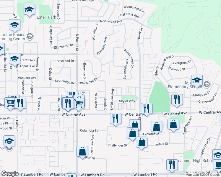 map of restaurants, bars, coffee shops, grocery stores, and more near 987 Reynoso Parkway in Brea