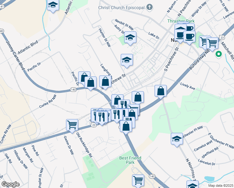 map of restaurants, bars, coffee shops, grocery stores, and more near 6146 Eves Way in Norcross