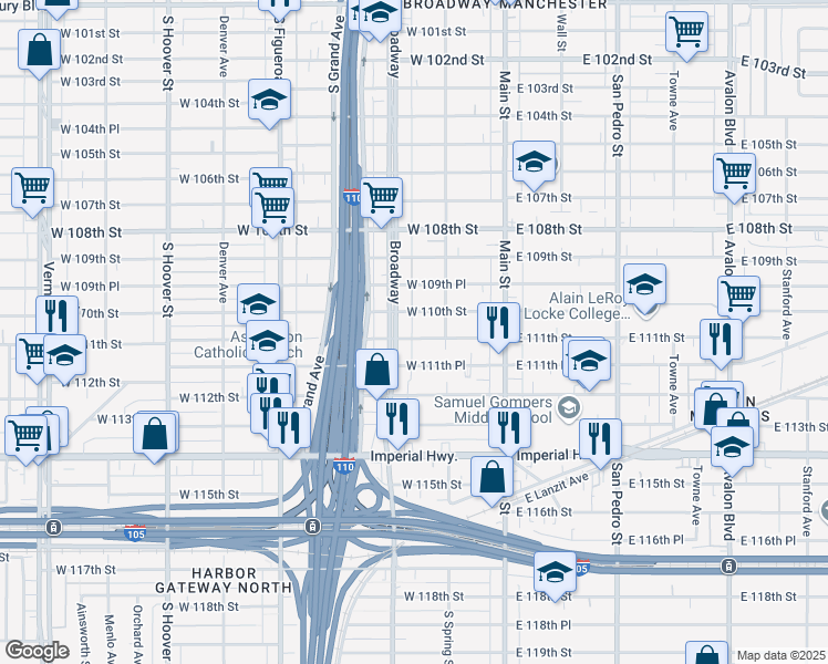 map of restaurants, bars, coffee shops, grocery stores, and more near 235 West 111th Street in Los Angeles
