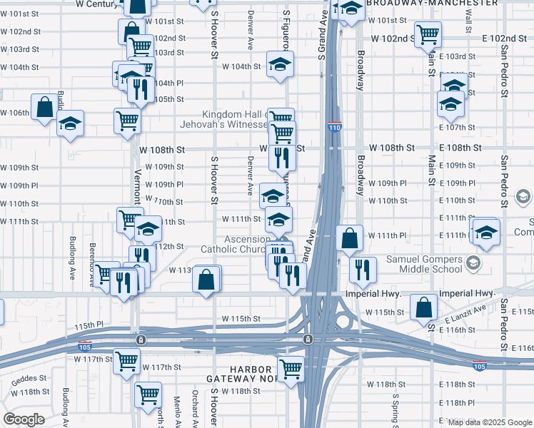 map of restaurants, bars, coffee shops, grocery stores, and more near 533 West 111th Street in Los Angeles
