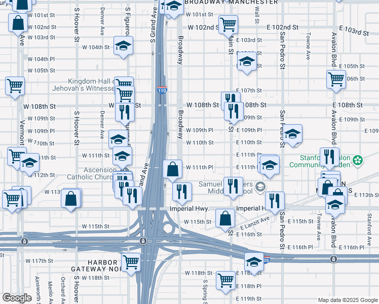 map of restaurants, bars, coffee shops, grocery stores, and more near 235 West 111th Street in Los Angeles