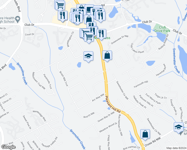 map of restaurants, bars, coffee shops, grocery stores, and more near 3871 Pleasant Oaks Drive in Lawrenceville
