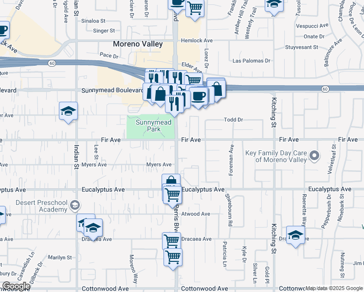 map of restaurants, bars, coffee shops, grocery stores, and more near 12729 Perris Boulevard in Moreno Valley