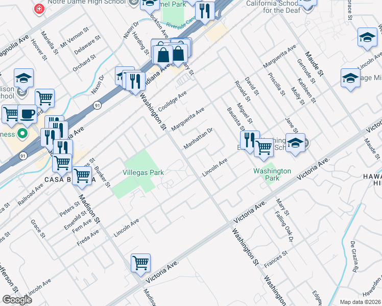 map of restaurants, bars, coffee shops, grocery stores, and more near 2969 Washington Street in Riverside
