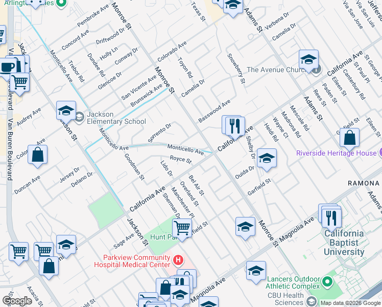 map of restaurants, bars, coffee shops, grocery stores, and more near 4254 Royce Street in Riverside