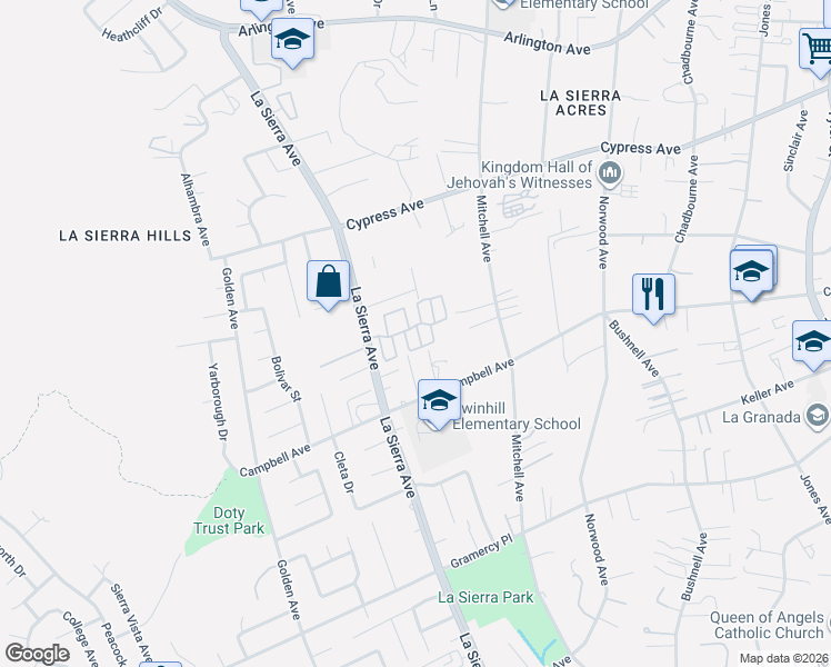 map of restaurants, bars, coffee shops, grocery stores, and more near 5717 Ponta Way in Riverside
