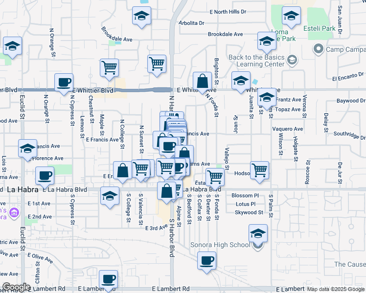 map of restaurants, bars, coffee shops, grocery stores, and more near 330 North Bedford Street in La Habra