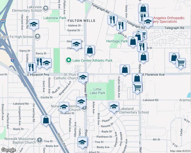 map of restaurants, bars, coffee shops, grocery stores, and more near 11824 Florence Avenue in Santa Fe Springs