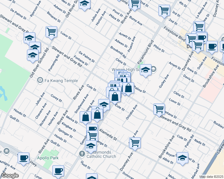 map of restaurants, bars, coffee shops, grocery stores, and more near in Downey