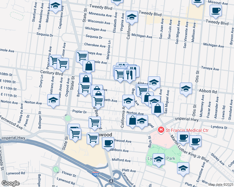 map of restaurants, bars, coffee shops, grocery stores, and more near 3415 Elizabeth Avenue in Lynwood