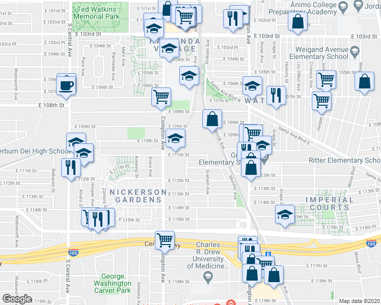 map of restaurants, bars, coffee shops, grocery stores, and more near 1666 East 111th Street in Los Angeles