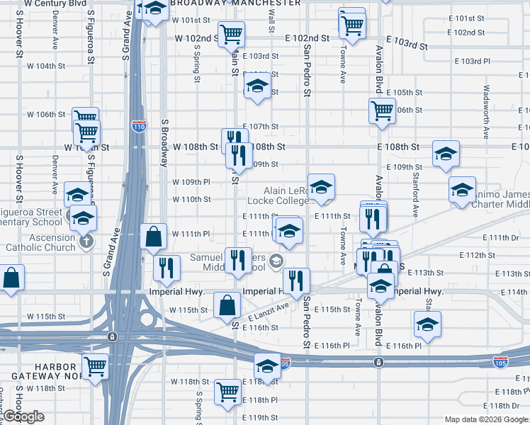 map of restaurants, bars, coffee shops, grocery stores, and more near 152 East 111th Street in Los Angeles