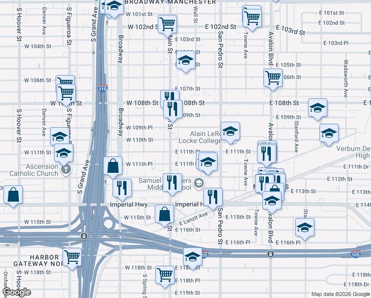 map of restaurants, bars, coffee shops, grocery stores, and more near 152 East 111th Street in Los Angeles