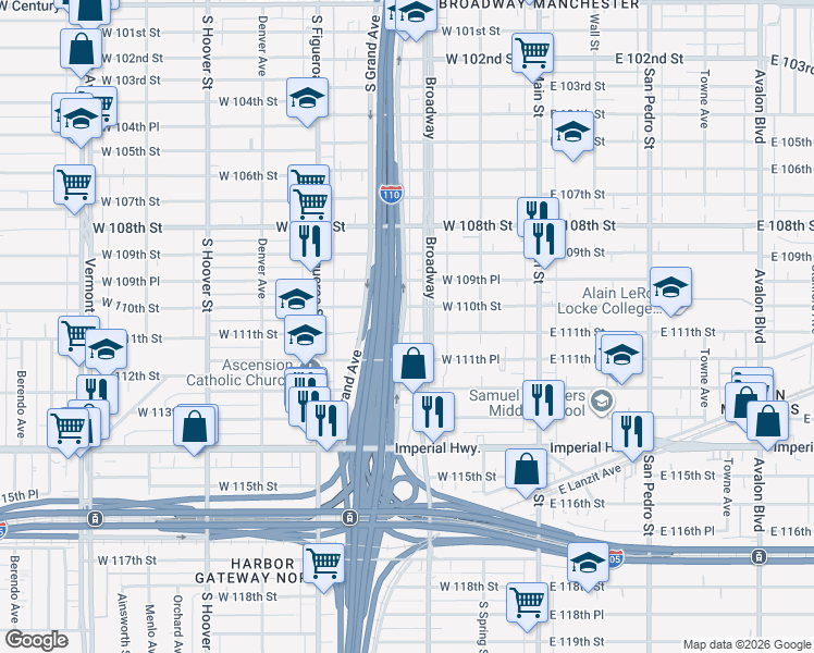 map of restaurants, bars, coffee shops, grocery stores, and more near 318 West 111th Street in Los Angeles