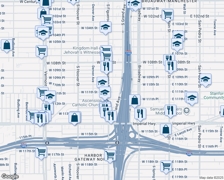 map of restaurants, bars, coffee shops, grocery stores, and more near 11106 South Figueroa Street in Los Angeles