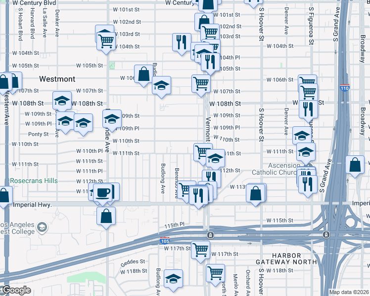 map of restaurants, bars, coffee shops, grocery stores, and more near 11100 South New Hampshire Avenue in Los Angeles