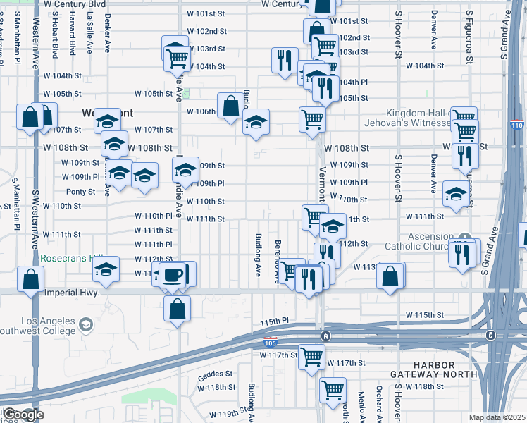map of restaurants, bars, coffee shops, grocery stores, and more near 1104 West 111th Street in Los Angeles