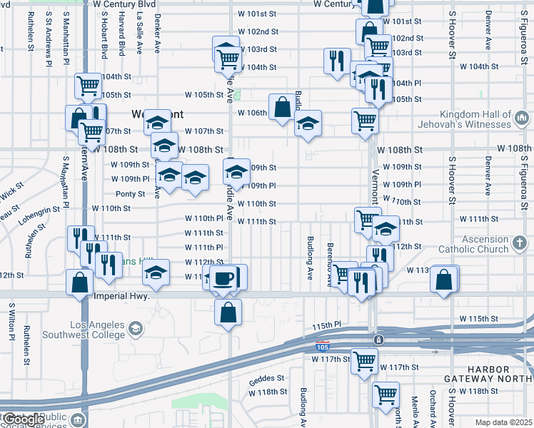 map of restaurants, bars, coffee shops, grocery stores, and more near 11102 Raymond Avenue in Los Angeles