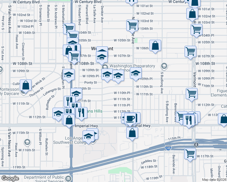 map of restaurants, bars, coffee shops, grocery stores, and more near 1532 West 110th Place in Los Angeles