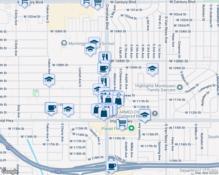 map of restaurants, bars, coffee shops, grocery stores, and more near 11112 Crenshaw Boulevard in Inglewood