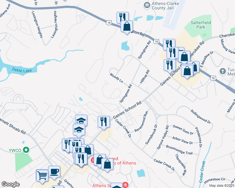 map of restaurants, bars, coffee shops, grocery stores, and more near 298-304 Benedict Court in Athens