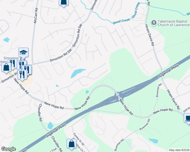 map of restaurants, bars, coffee shops, grocery stores, and more near 623 Savannah Rose Way in Lawrenceville