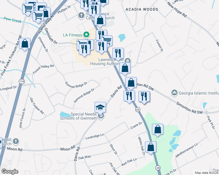 map of restaurants, bars, coffee shops, grocery stores, and more near 392 Summit Ridge Terrace in Lawrenceville