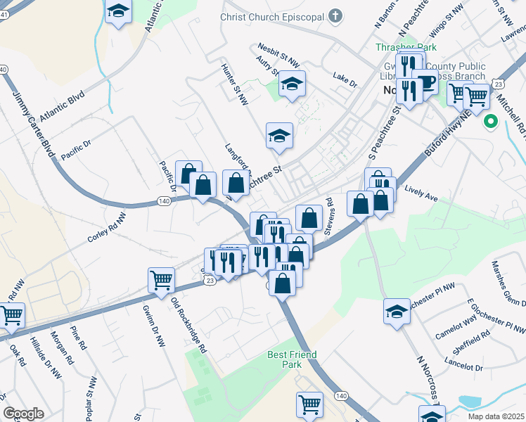 map of restaurants, bars, coffee shops, grocery stores, and more near 6146 Eves Way in Norcross
