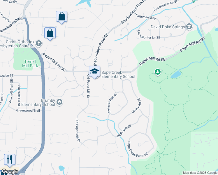 map of restaurants, bars, coffee shops, grocery stores, and more near 3453 Bridle Trail in Marietta