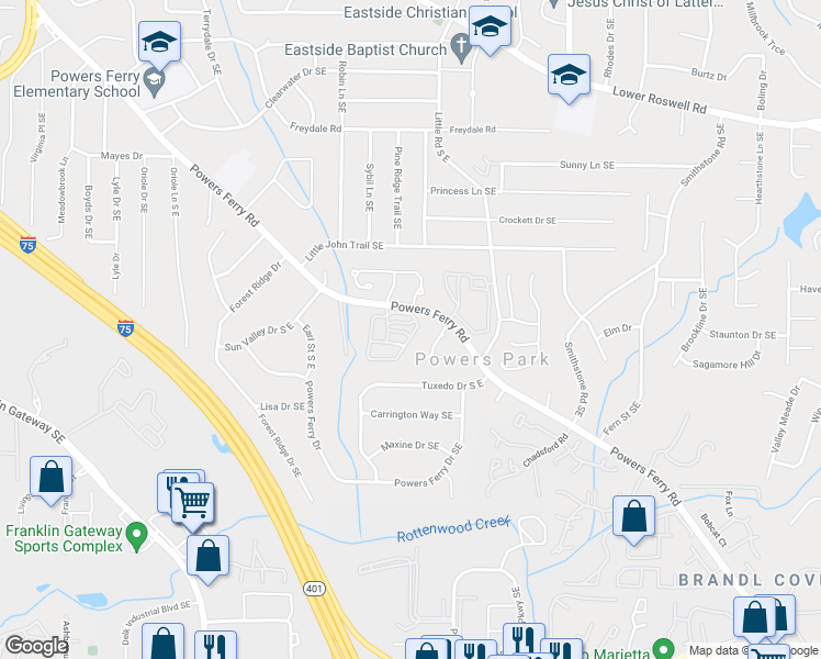 map of restaurants, bars, coffee shops, grocery stores, and more near 2332 Trellis Lane Southeast in Marietta