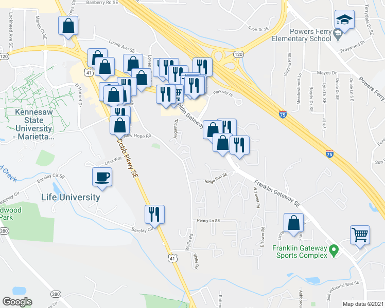 map of restaurants, bars, coffee shops, grocery stores, and more near 1504 Augusta Drive in Marietta