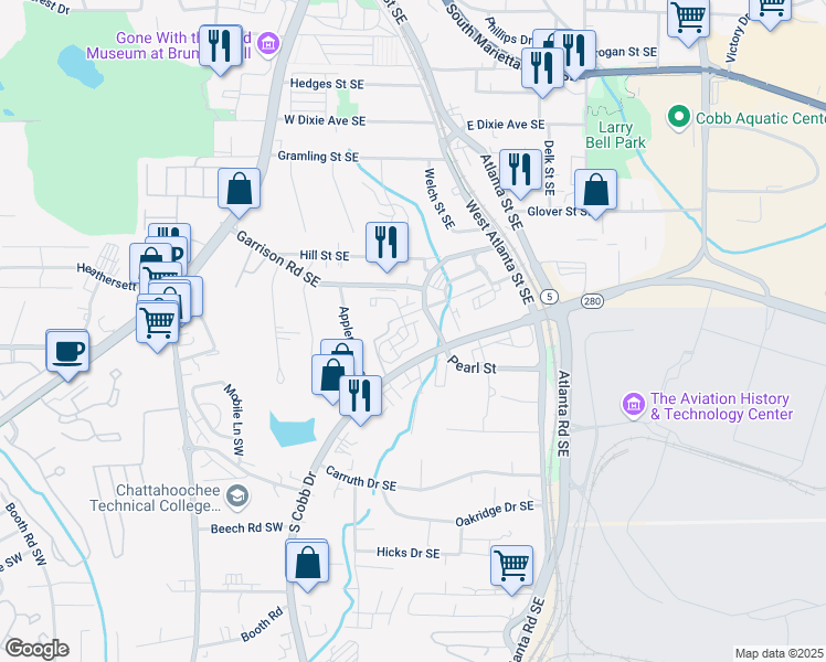 map of restaurants, bars, coffee shops, grocery stores, and more near in Fair Oaks