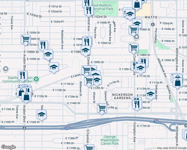 map of restaurants, bars, coffee shops, grocery stores, and more near 11100 South Central Avenue in Los Angeles
