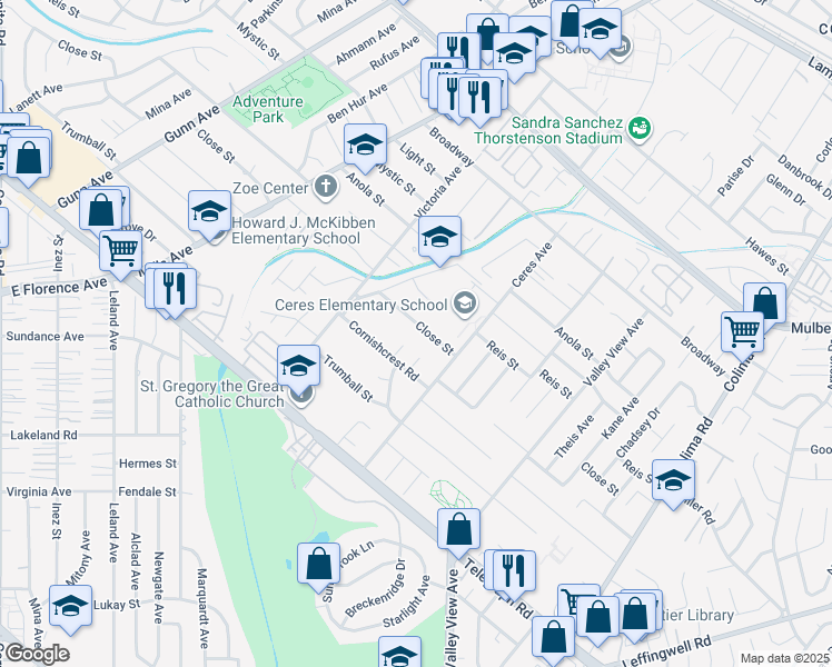 map of restaurants, bars, coffee shops, grocery stores, and more near 10602 Bramblebush Avenue in Whittier