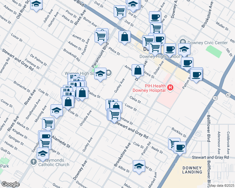 map of restaurants, bars, coffee shops, grocery stores, and more near 11716 Gurley Avenue in Downey