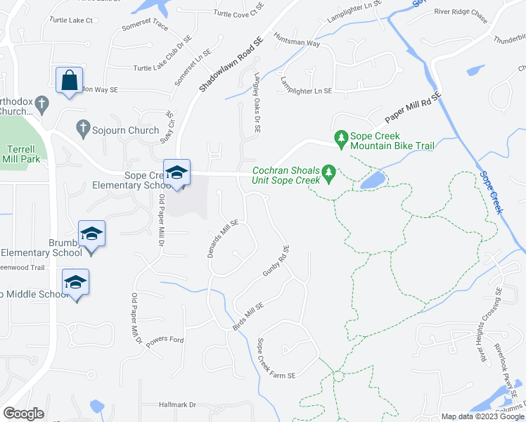 map of restaurants, bars, coffee shops, grocery stores, and more near 628 Gunby Road Southeast in Marietta