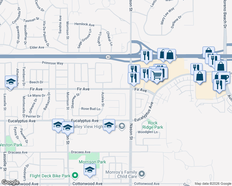 map of restaurants, bars, coffee shops, grocery stores, and more near 26869 Claystone Drive in Moreno Valley