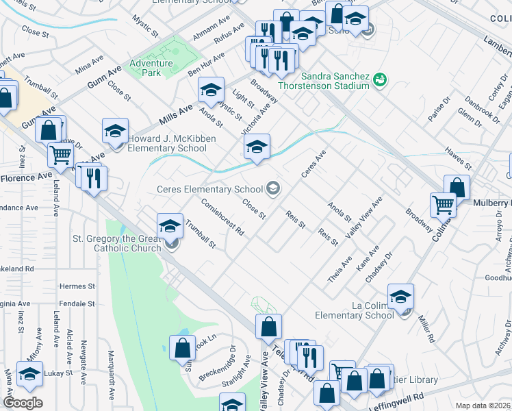 map of restaurants, bars, coffee shops, grocery stores, and more near 14235 Close Street in Whittier