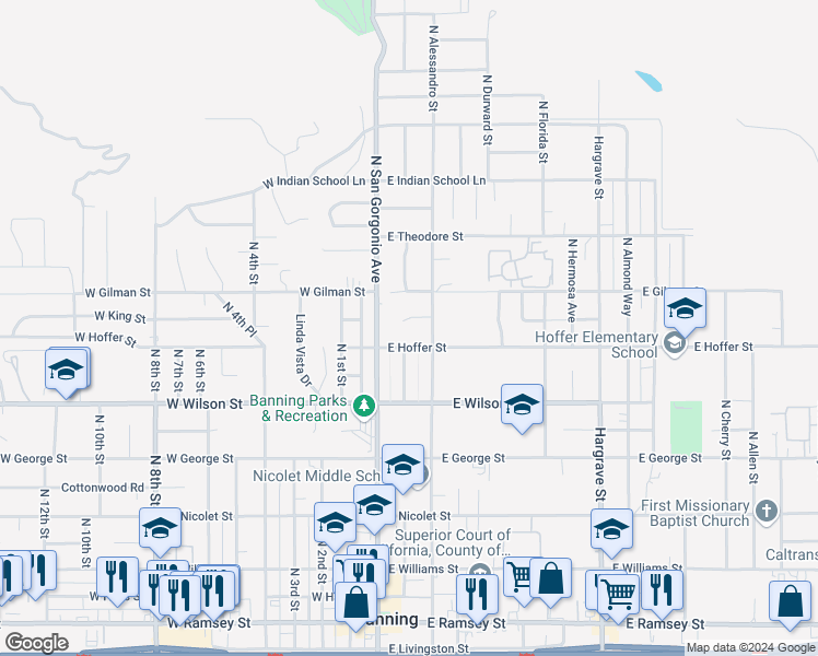 map of restaurants, bars, coffee shops, grocery stores, and more near in Banning