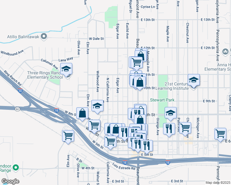 map of restaurants, bars, coffee shops, grocery stores, and more near Edgar Avenue in Beaumont