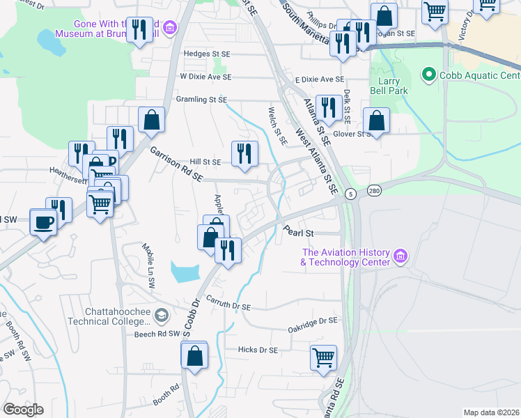 map of restaurants, bars, coffee shops, grocery stores, and more near 705 Pecan Knoll Drive in Marietta