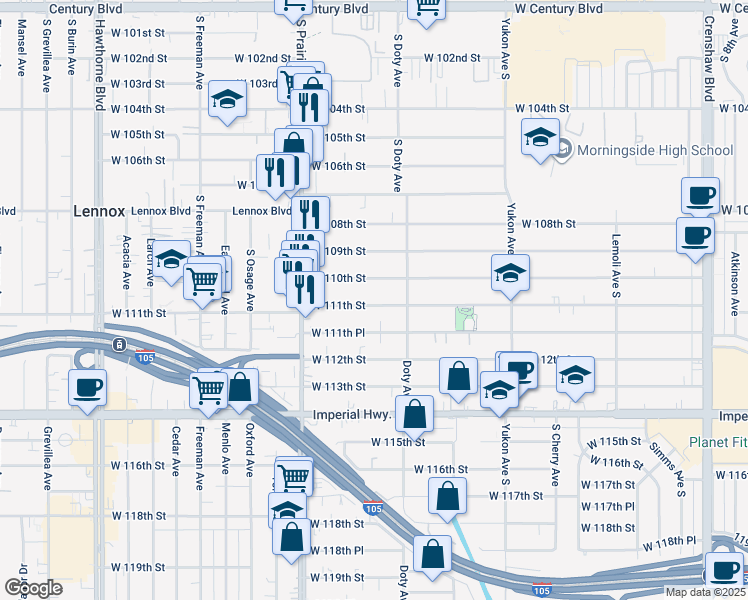 map of restaurants, bars, coffee shops, grocery stores, and more near 3847 West 111th Street in Inglewood