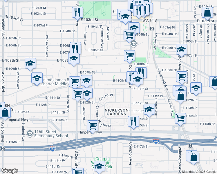 map of restaurants, bars, coffee shops, grocery stores, and more near 1419 East 111th Street in Los Angeles