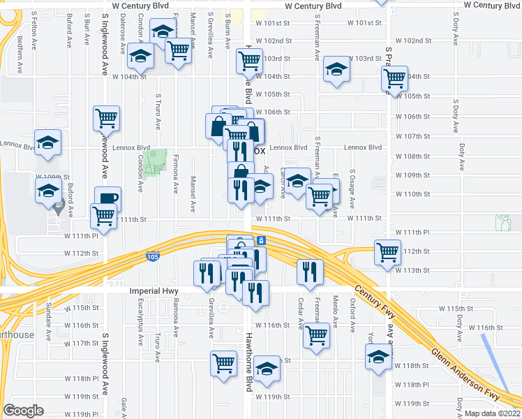 map of restaurants, bars, coffee shops, grocery stores, and more near 11191 Larch Avenue in Lennox
